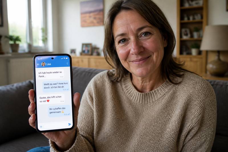 Person im hellen Alltag sitzt entspannt und nutzt den Support-Chat am Smartphone.